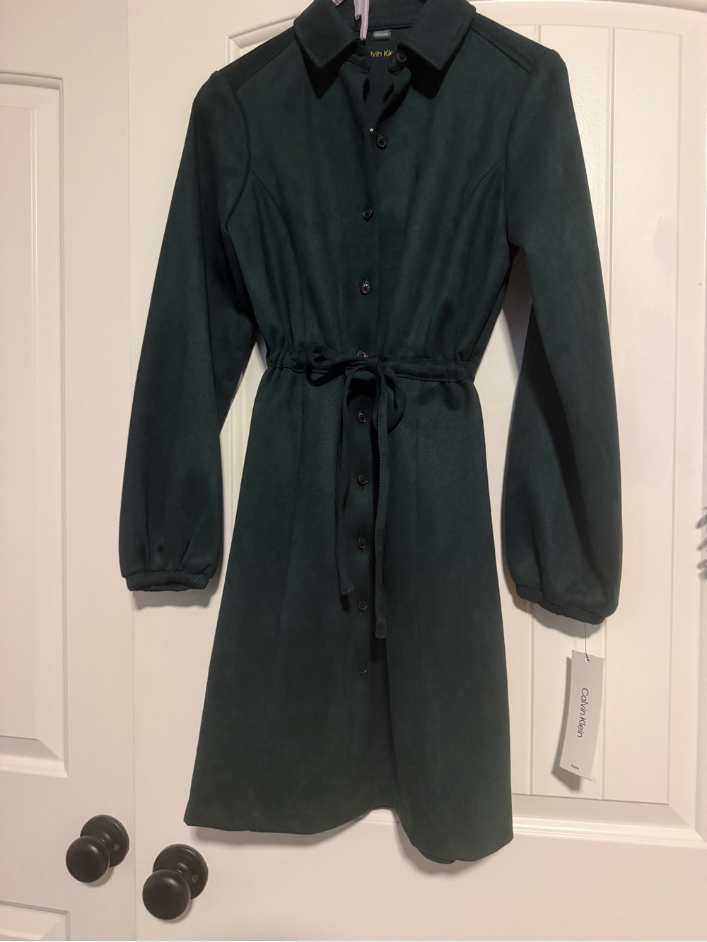 Calvin Klein Dark Green Button-Front Long-Sleeve Dress with Tie Waist